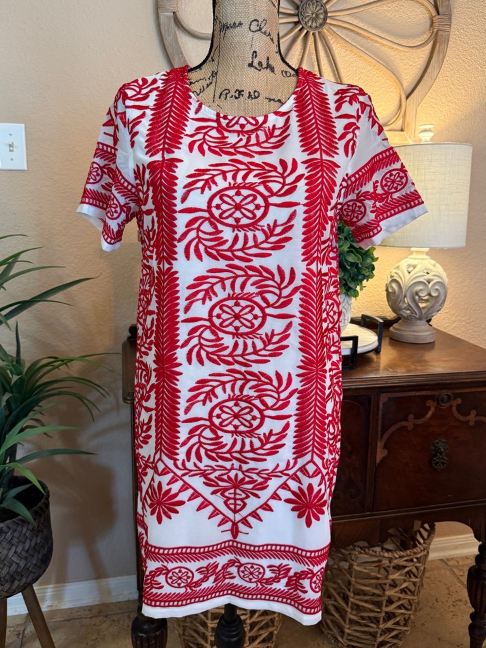 All Row White Dress with Red Embroidered  Floral & Vine Motif Pattern